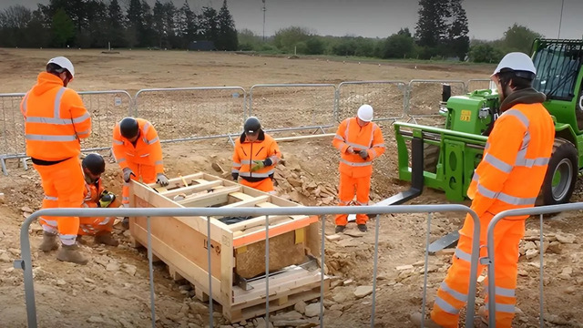 Archaeologists carefully removed a Roman stone coffin along the A47, preserving its historical significance for further study. (Credit: National Highways)