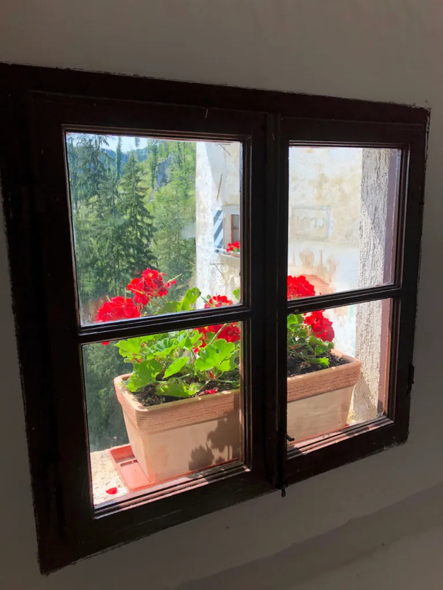 Brilliant red geraniums perched on a windowsill bring a vibrant touch to the castle’s ancient stone walls. (Photo: Joan Sherman)