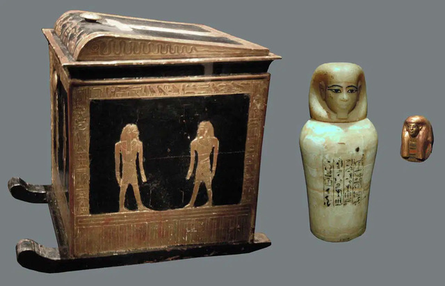 Canopic equipment of Royal Mother Tjuiu from the 18th Dynasty (ca. 1549-1292 BCE), expertly documented by Aidan Dodson and housed at the American Research Center in Egypt.