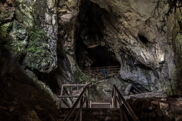 A walkway invites visitors into the cave system below, unveiling the cavernous depths of Predjama Castle. (Photo: Werner Lerooy/Shutterstock)