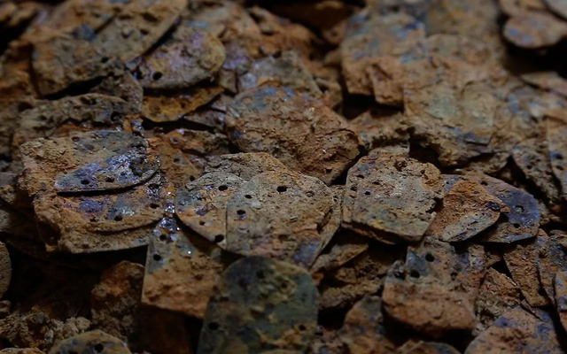 Close-up of the intricately designed armor pieces recovered from the tomb, showcasing remarkable detail.