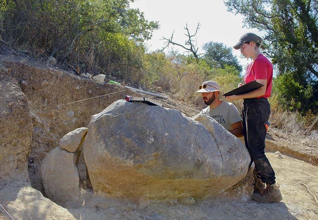 Close-up view of archaeologists examining the fragmented menhir during the excavation.