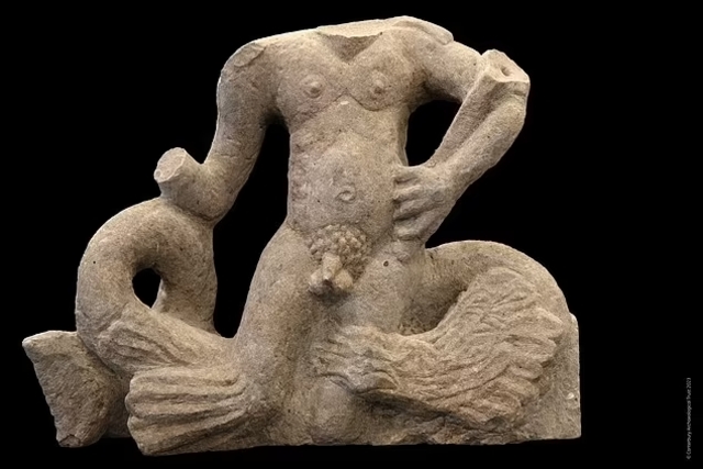 Close-up view of the restored Triton statue, emphasizing the sea god’s dynamic pose and aquatic elements, symbolizing Roman mythology and artistry. (Credit: Canterbury Archaeological Trust)