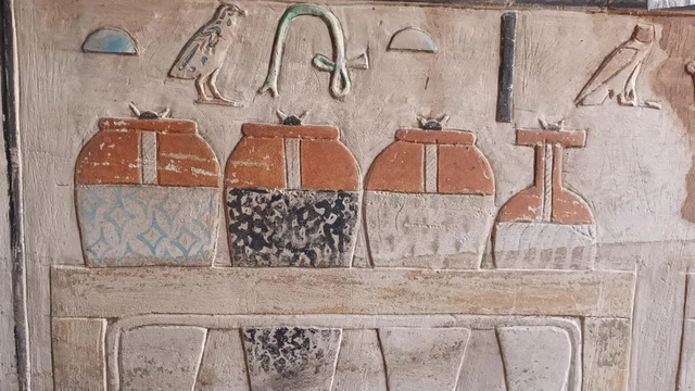 Detailed carvings of ceremonial jars on the walls of Tetinebefou's tomb, reflecting ancient Egyptian artistry. (Courtesy: Egyptian Ministry of Tourism and Antiquities)