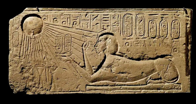 Divine Devotion: A relief depicting Akhenaten as a sphinx, humbly offering prayers to Aten. (Image via Museum of Fine Arts, Boston)