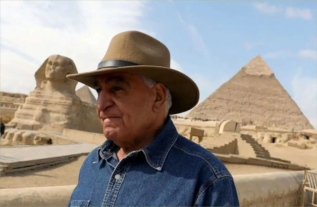 Dr. Zahi Hawass captured outside the pyramids of Giza, symbolizing his dedication to uncovering Egypt’s past. (Source: Reuters)