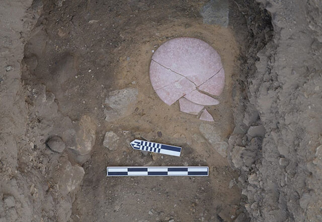 Fragmented remains of a limestone dish uncovered during the Saqqara excavation, dating to the Old Kingdom period. Credit: Ministry of Tourism and Antiquities of Egypt.