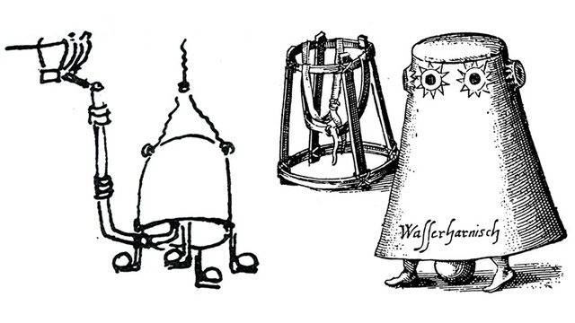 Historical sketches of early diving equipment, illustrating the evolution of underwater exploration technology. Credit: Public Domain.