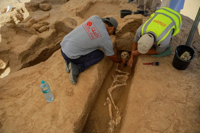 Human skeletal remains found within one of four graves discovered at the Roman cemetery offer a glimpse into the ancient past. (Credit: Abdelhakim Abu Riash/Al Jazeera)