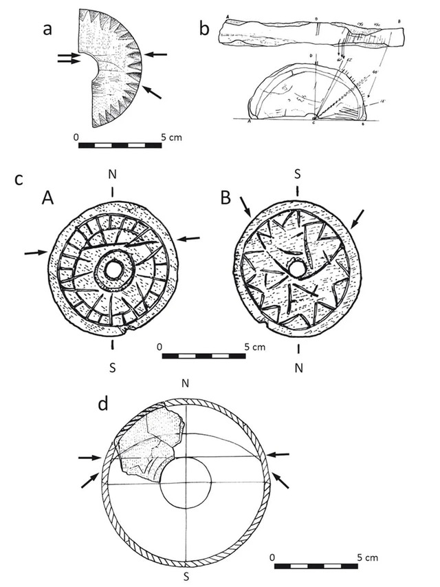 Identified disks so far include wooden (a, c), stone (b), and whale bone (d) examples. Credit: O. Antowska-Gorączniak