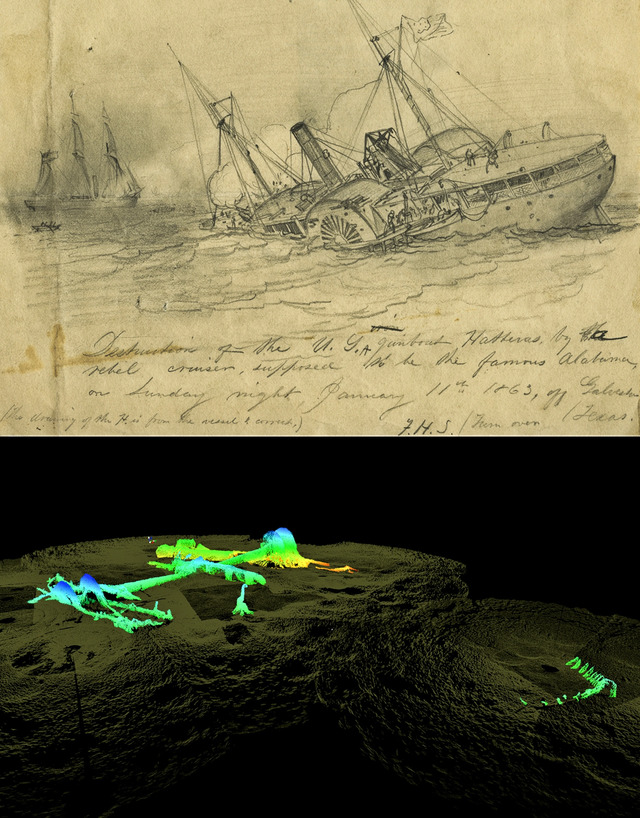 Illustration courtesy of the Becker Collection at Boston College; sonar image courtesy of Teledyne BlueView and James Glaeser, Northwest Hydro.