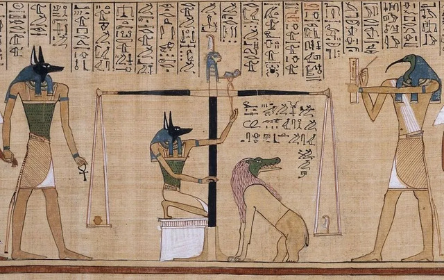 In the Papyrus of Hunefer, dated to approximately 1375 B.C., Ammit, the fearsome "devourer," waits beneath the scales of Ma’at during the weighing of the heart.