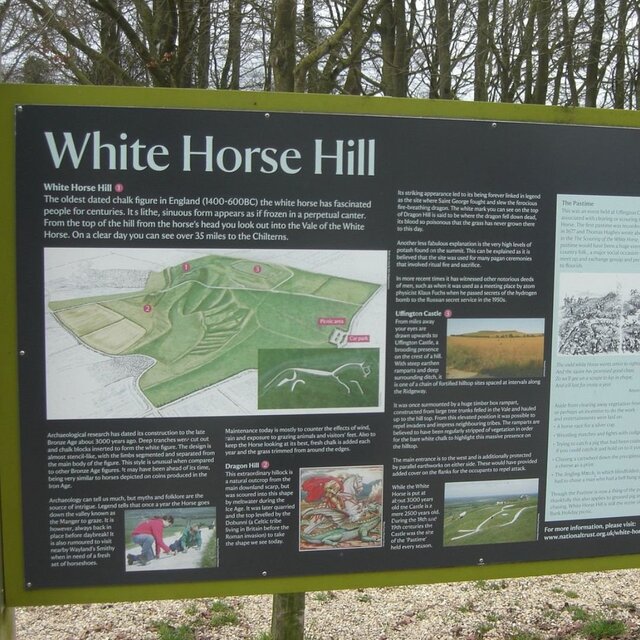 Informational board at White Horse Hill, detailing the history, myths, and features of the Uffington White Horse and its neighboring landmarks.