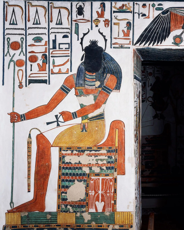 Khepri, the embodiment of the morning sun, enthroned in the Tomb of Nefertari.