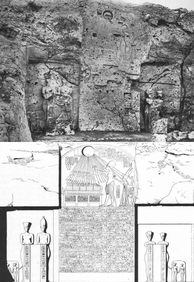 Legacy in Stone: Boundary Stela N at Amarna, as documented in 1907 (top), with a detailed reconstruction (bottom). (Image via the Amarna Project)