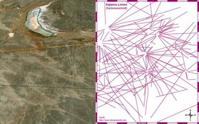 On the left, see the aerial view of the Sajama Lines; on the right, a detailed diagram by the University of Pennsylvania.