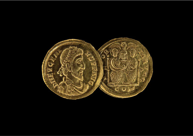 One of three rare gold coins depicting Eugenius, unearthed from a Roman-era treasure hoard in Luxembourg, highlights the intrigue of this ancient find. (Image credit: C. Nosbusch/INRA)