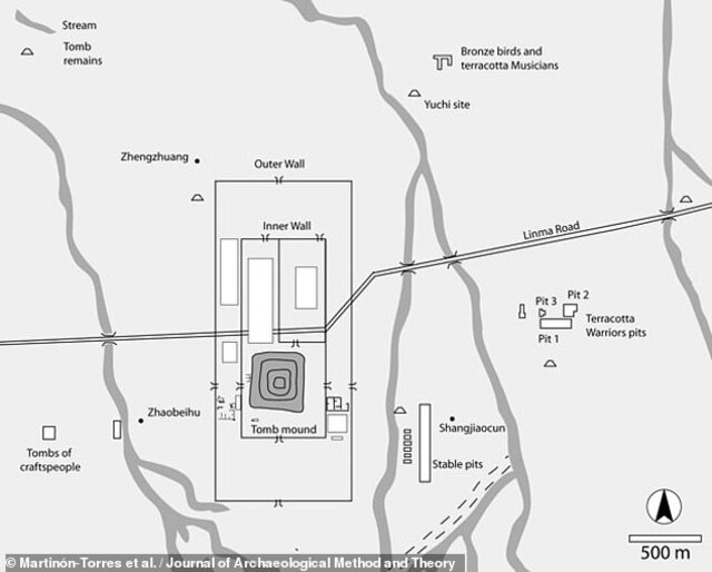 Pictured: A map of the necropolis, designed to mirror the Qin capital Xianyang. At the center lies the tomb mound, surrounded by inner and outer walls, with the Terracotta Army positioned to the east, safeguarding the emperor from the conquered states.