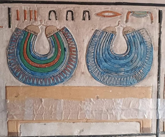 Painted ceremonial necklaces displayed on the tomb walls, showcasing the craftsmanship of ancient Egyptian artisans. (Courtesy: Egyptian Ministry of Tourism and Antiquities)