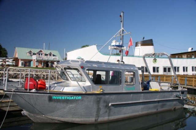 Parks Canada’s research vessel Investigator at Port Dalhousie, used for underwater surveys of the Hamilton and Scourge wrecks.