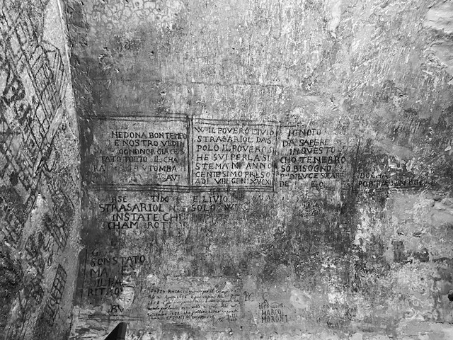 Prisoner graffiti from the 18th century, etched into the walls of the New Prisons at the Doge’s Palace—whispers of those once confined.