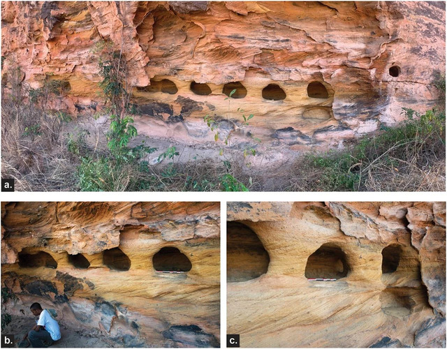 Rock-cut niches at Teniky: (a) a sweeping panoramic view featuring a single cylindrical niche perched slightly higher on the right; (b) and (c) close-up details. (Credit: G. Schreurs et al., Azania: Archaeological Research in Africa, 2024)