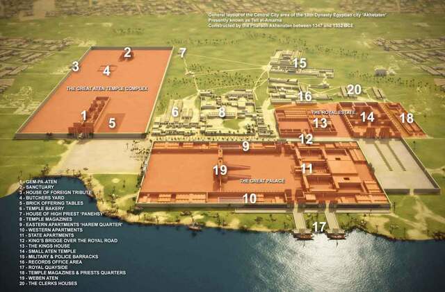 Reimagining Amarna: A reconstructed visualization of the temples and palaces of Amarna, created by Paul Docherty. (Image via World History Encyclopedia)