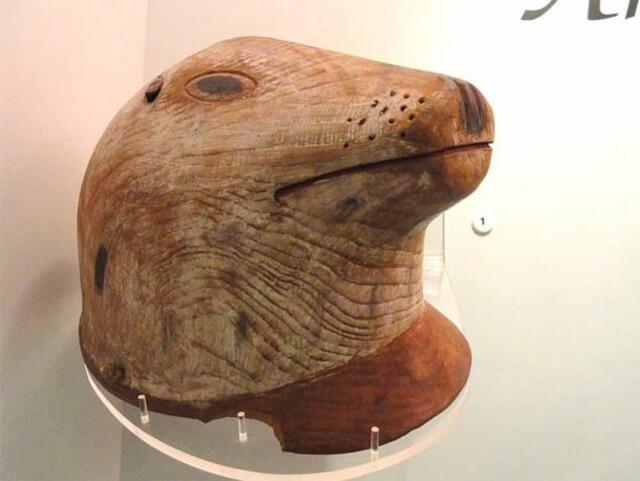 Seal decoy helmet crafted by the Alutiiq people of Kodiak Island, predating 1869, on display as part of the Native American Collection at the Peabody Museum. (CC0)