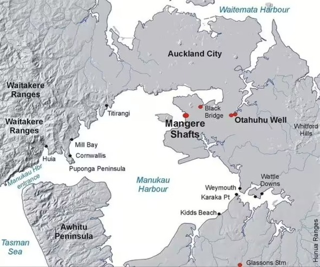 Shown here is a map of Auckland highlighting the location of the Māngere Shafts site. (Image: Hayward et al. / New Zealand Journal of Geology and Geophysics)