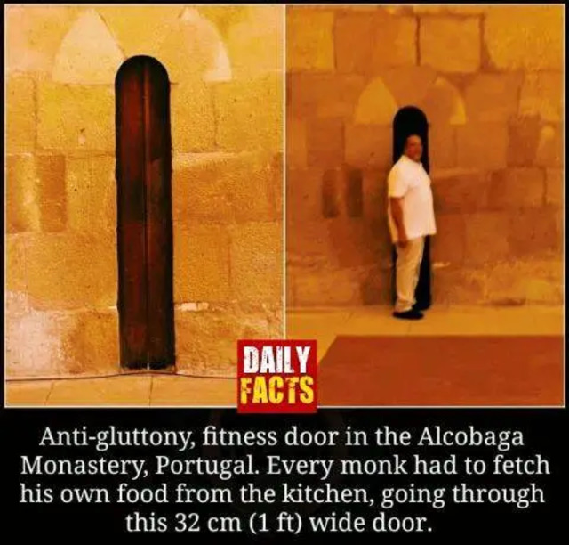 Social media posts exaggerate the function of this narrow door, claiming it was used to enforce fasting among monks. (Credit: Daily Facts)