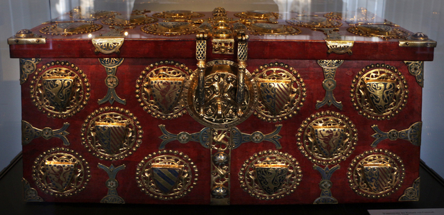 The front of the 13th-century Limoges casket, showcasing its remarkable medallions, gilded decorations, and chivalric motifs. This masterpiece of medieval goldsmithing is a rare testament to Limoges artistry. (Source: Museum records)