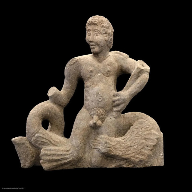 The Roman statue of Triton, showcasing intricate craftsmanship and depicting the Roman sea god. This remarkable artifact was unearthed during the excavation in Teynham, Kent. (Credit: Canterbury Archaeological Trust)