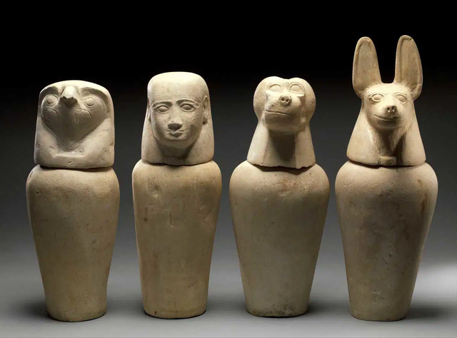 The Four Sons of Horus, guardians of the canopic jars, represented during the Third Intermediate Period (ca. 750-700 BCE), exhibited at the Met Museum in New York.