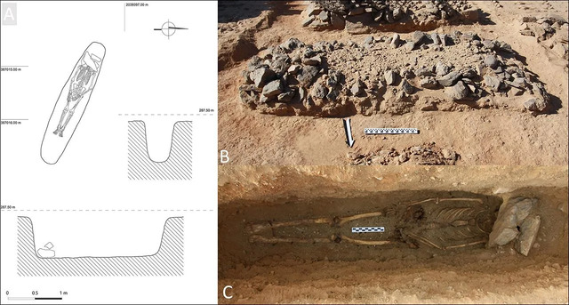 The burial of Ghz-1-002 uncovers fascinating details: A) burial dimensions; B) box-grave superstructure; C) the burial in situ, as illustrated by J. Ciesielska.