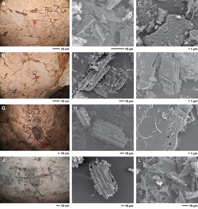 The dated rock art at Gau Sireh is displayed alongside detailed micrographs of bamboo charcoal used in its creation, showcasing the artistry of the past.