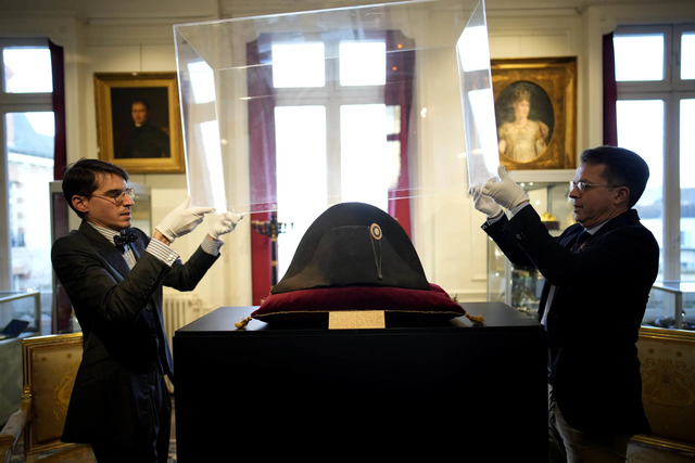 The distinctive black bicorne worn by Napoleon during his rule and European campaigns in the 19th century sold for over $2 million at auction on Sunday. (Christophe Ena/AP)