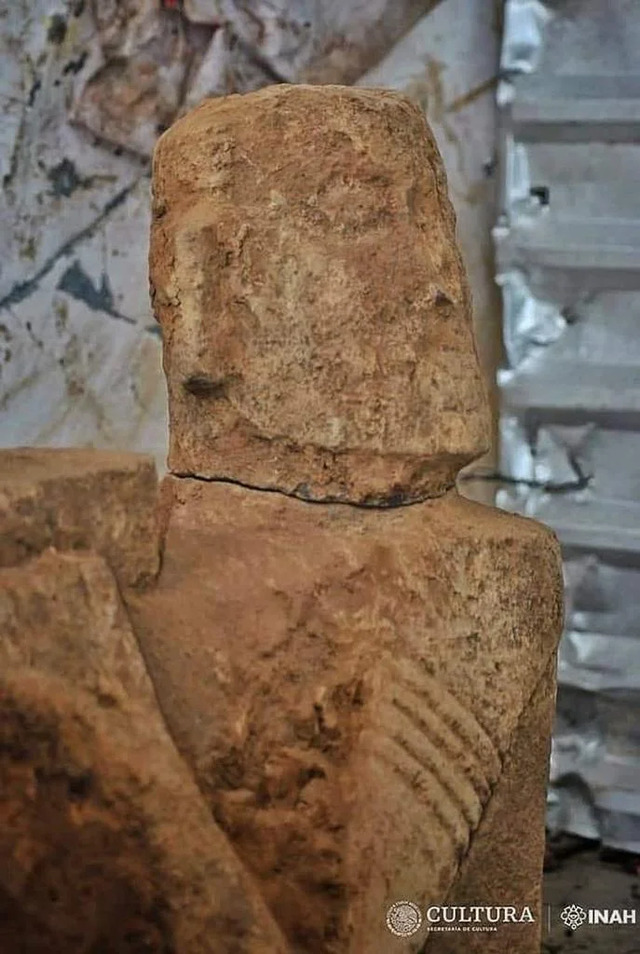 The face of the Chac Mool sculpture, showcasing the stylized and enigmatic features typical of Postclassic Mesoamerican artifacts. Credit: Luis Punzo – INAH Michoacán Centre.