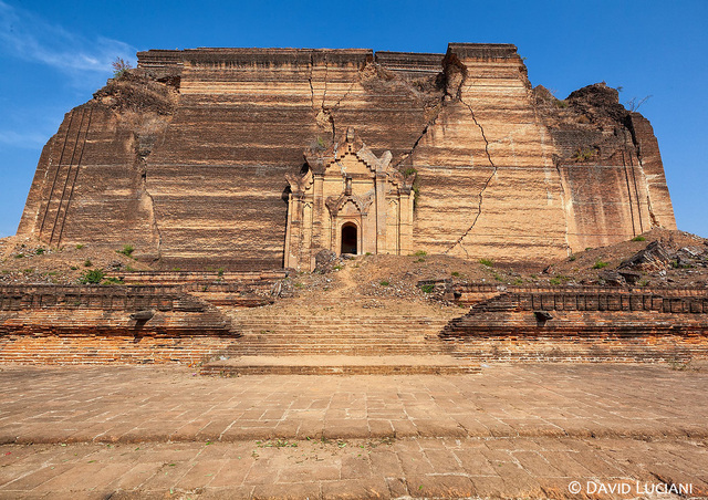 The front facade of Mingun Pahtodawgyi, highlighting its intricate yet eroded design, a testament to Myanmar's rich architectural heritage.