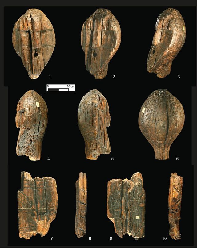 The head of the wooden Shigir sculpture (1–6), alongside an anthropomorphic face carved onto a separate fragment (7–10). (Image credit: E.F. Tamplon; Antiquity 2018)