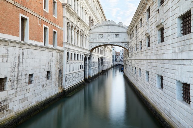 The iconic Bridge of Sighs connecting the Doge’s Palace to the New Prisons, symbolizing the last view of Venice for many prisoners.