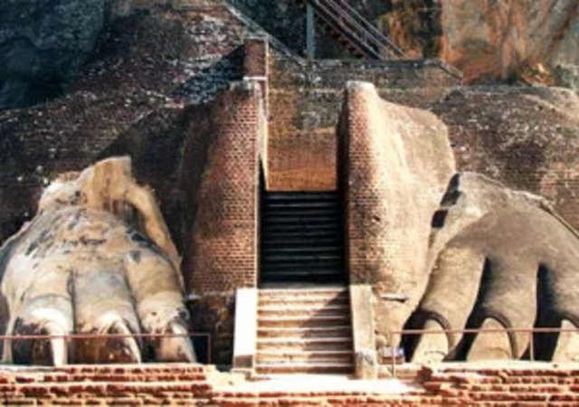 The iconic Lion Paws Gate at Sigiriya, the grand entrance to the citadel that symbolizes strength and authority in Sinhalese tradition.