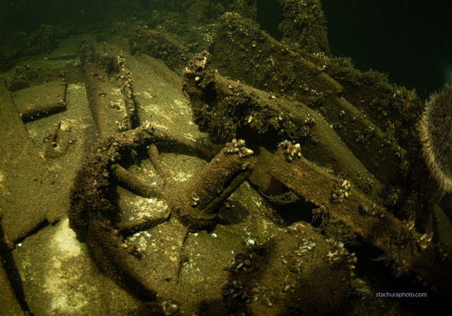 The rusted remains of machinery from the shipwreck, encrusted with underwater growth over centuries.