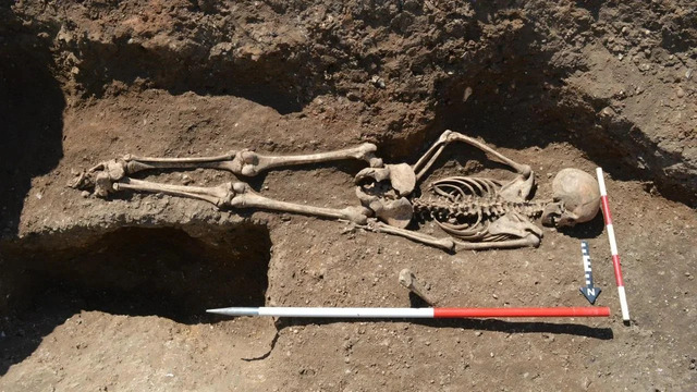 The skeletal remains of a young girl buried face-down in medieval England reveal intriguing insights into ancient burial practices. (Credit: MOLA Headland Infrastructure)