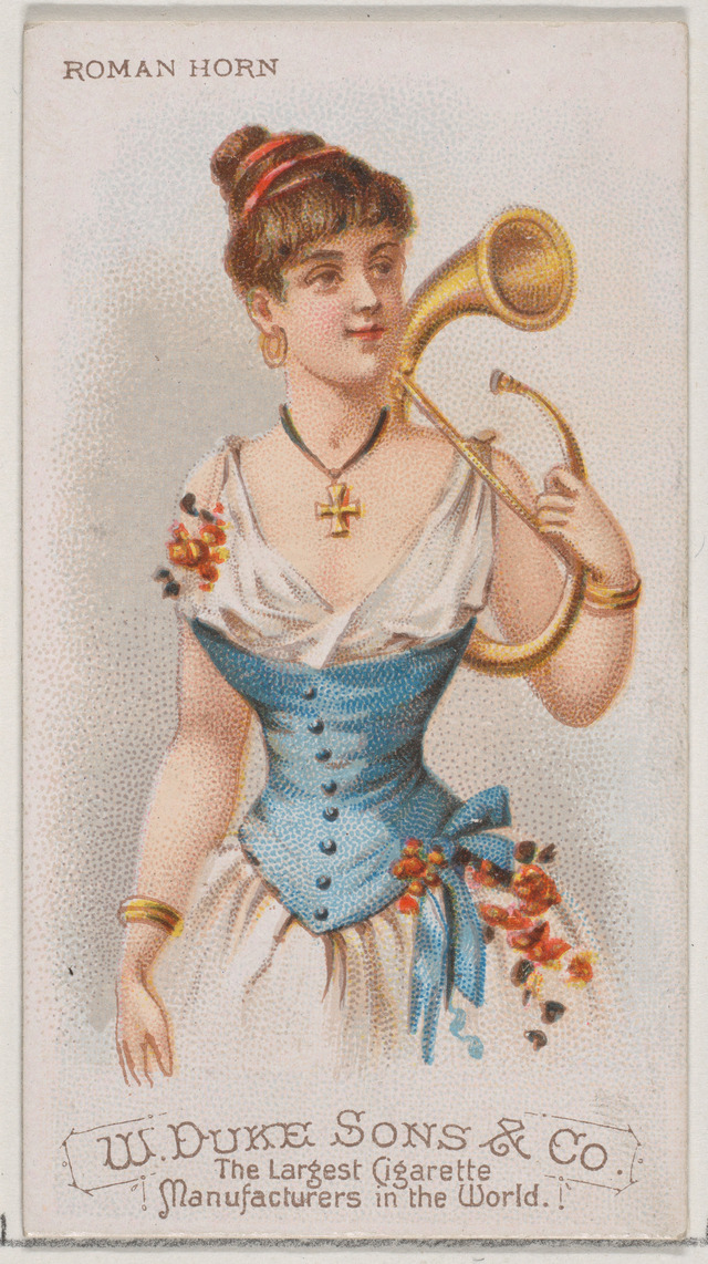 This 1888 Duke cigarette company trade card features a petite cornu elegantly curving around the shoulder of a pinup model.