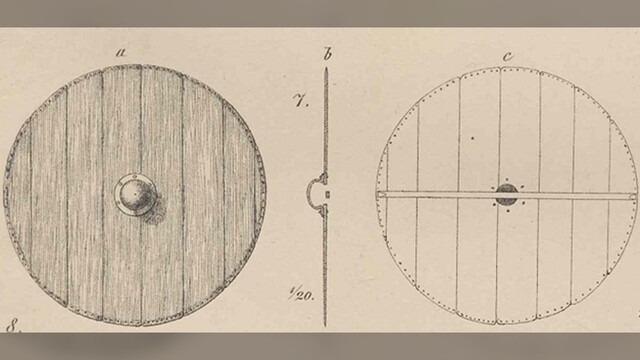 This drawing, adapted from the 1882 discovery report, depicts a detailed reconstruction of one of the shields found aboard the Gokstad ship. (Image credit: Nicolaysen et al, 1882)