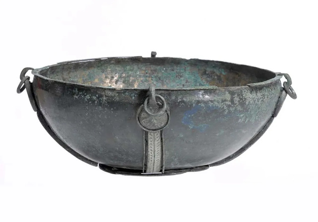 This hanging bowl, recovered from the Prittlewell grave, features an Egyptian-inspired design and may have been crafted in Egypt.