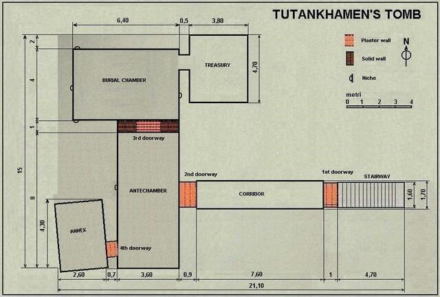 A detailed floor plan of KV62, the tomb of Tutankhamun, showcasing the layout of its remarkable treasures.