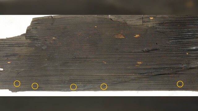 Yellow-highlighted perforations on the shield boards suggest that they were once reinforced with a protective layer of animal hide. (Image credit: R. Warming/Society for Combat Archaeology)