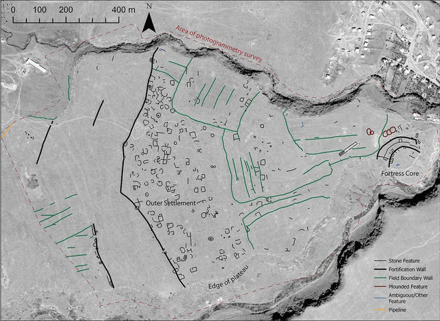 A detailed map of Dmanisis Gora showcases its archaeological highlights, with a red dotted line marking the extent of UAV photogrammetry. The background features a historic Hexagon satellite image from August 31, 1975. (Figure by N. Erb-Satullo, Credit: N. L. Erb-Satullo et al., Antiquity, 2025)