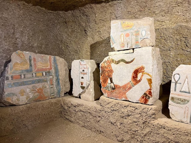 Inside the tomb of Jehuti-Mes, archaeologists display a remarkable artefact unearthed during an excavation near the Queen Hatshepsut Valley Temple in Luxor, January 8, 2025. (REUTERS/Sayed Sheashaa)